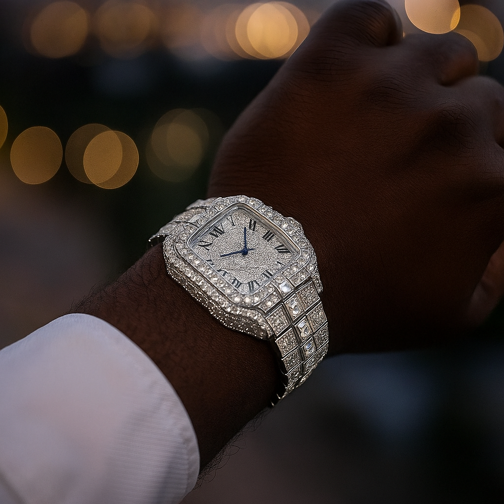 Iced-Out Watch – 35mm Square Wrist Watch for Men + FREE GIFT