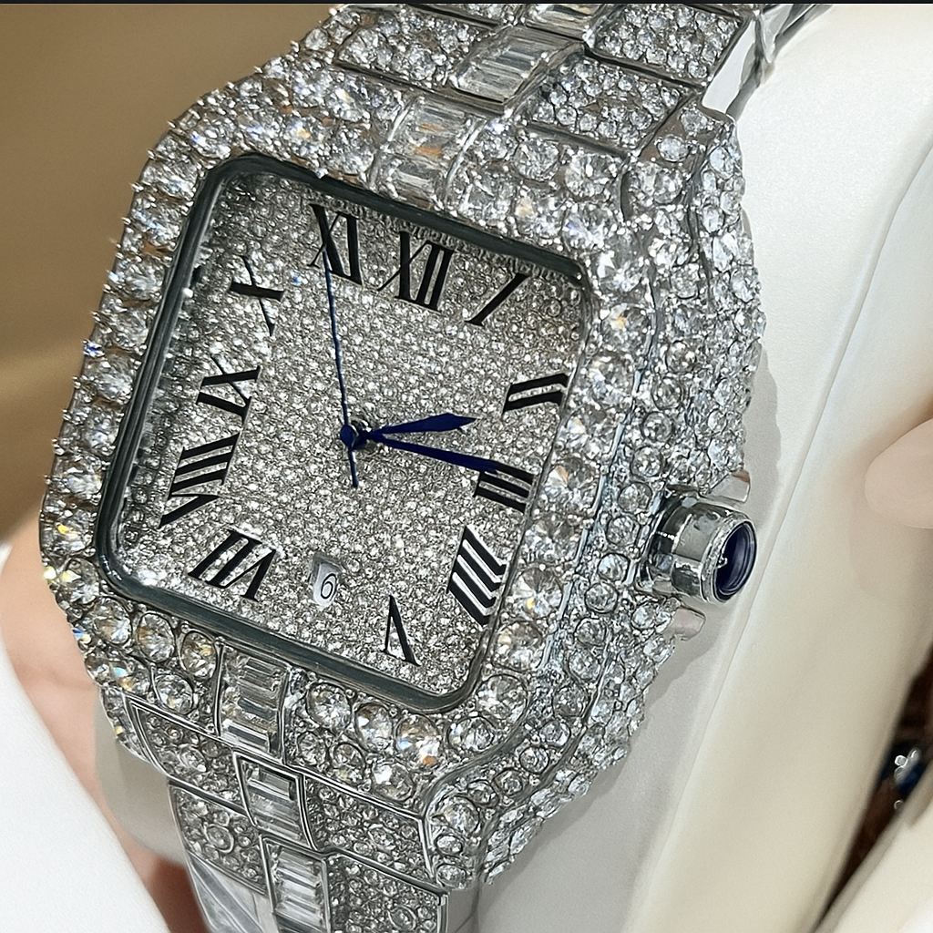 Iced-Out Watch – 35mm Square Wrist Watch for Men + FREE GIFT
