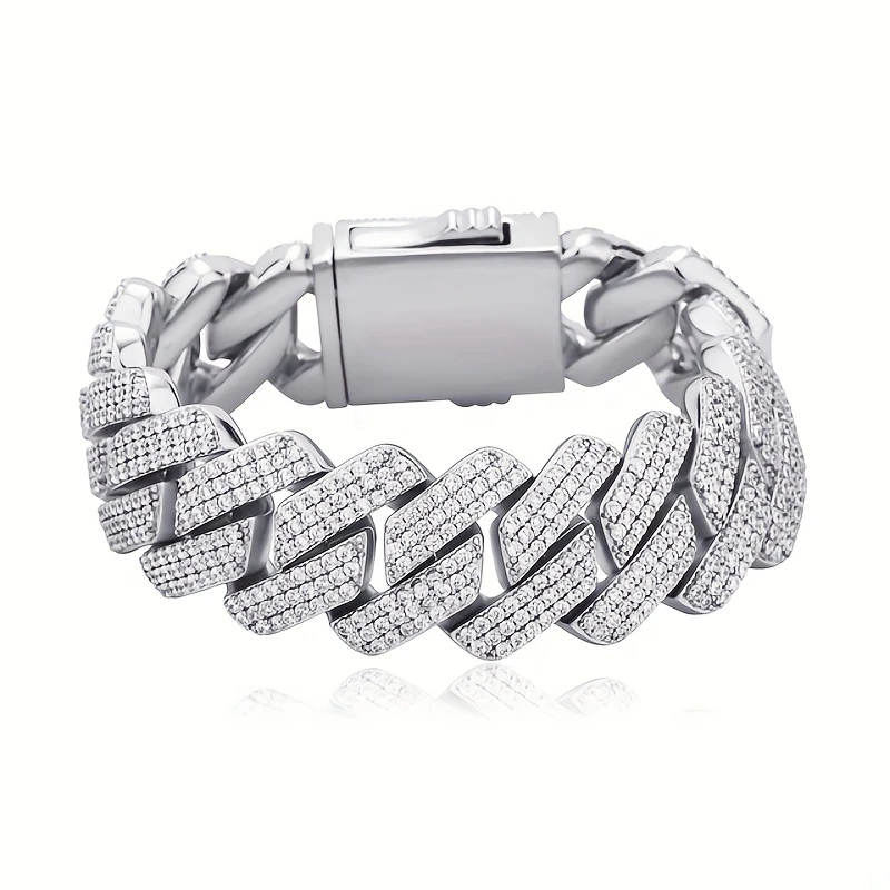 20mm Iced Out Cuban Link Bracelet – 8in Silver Plated Brass, LuxGlow™ Stones