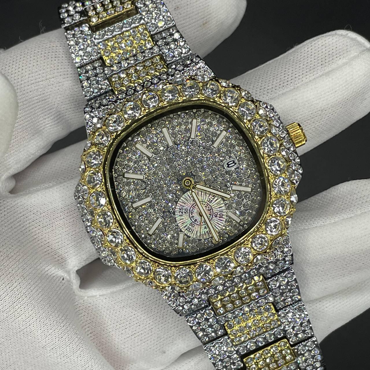 30mm Gold-Silver Iced Out Square Watch for Men – LuxGlow™ Stones Wristwatch