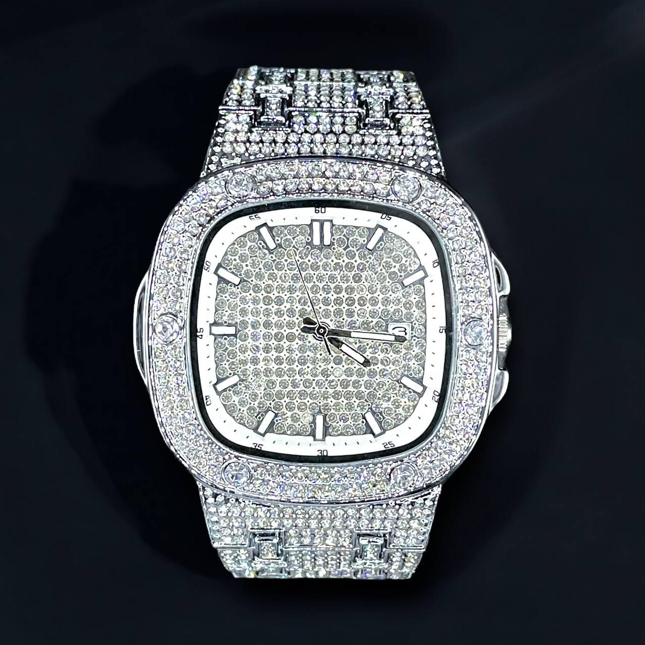32mm Iced Out Watch for Men – LuxGlow™ Stones Square Dial Hip Hop Bling Wristwatch
