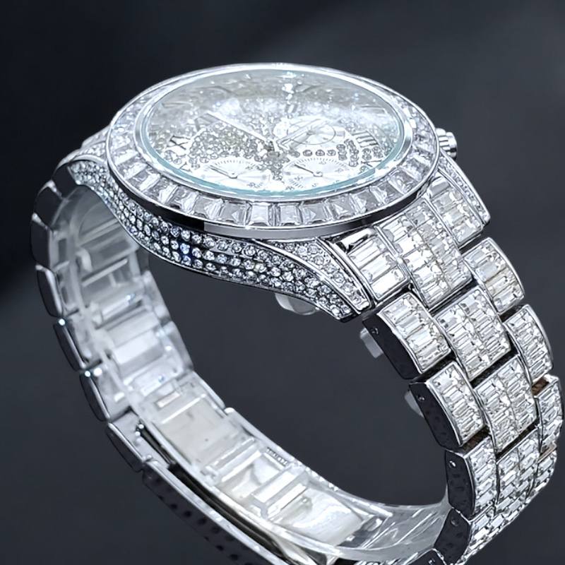32mm Iced Round Watch – Roman Numeral Dial, Stainless Steel, LuxGlow™ Accent