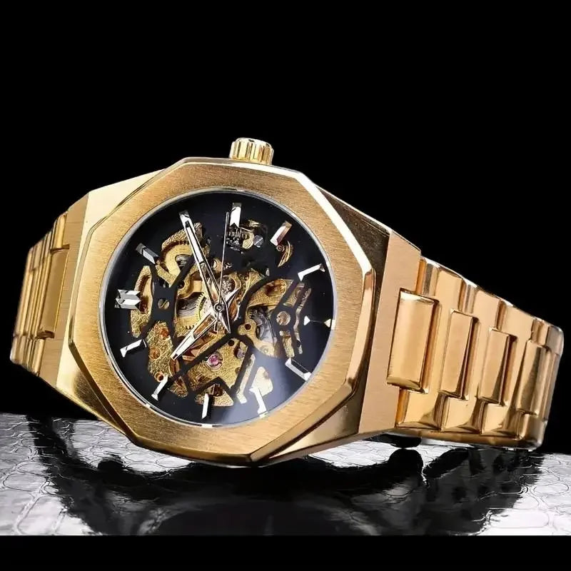 Men’s Gold Skeleton Automatic Watch – Carved Stainless Steel, Mechanical Movement