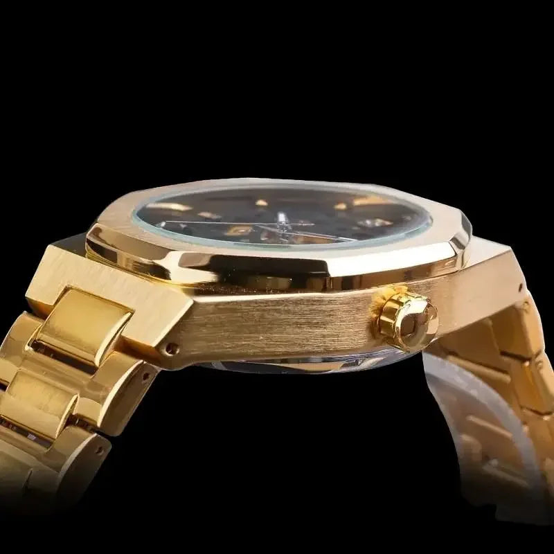 Men’s Gold Skeleton Automatic Watch – Carved Stainless Steel, Mechanical Movement
