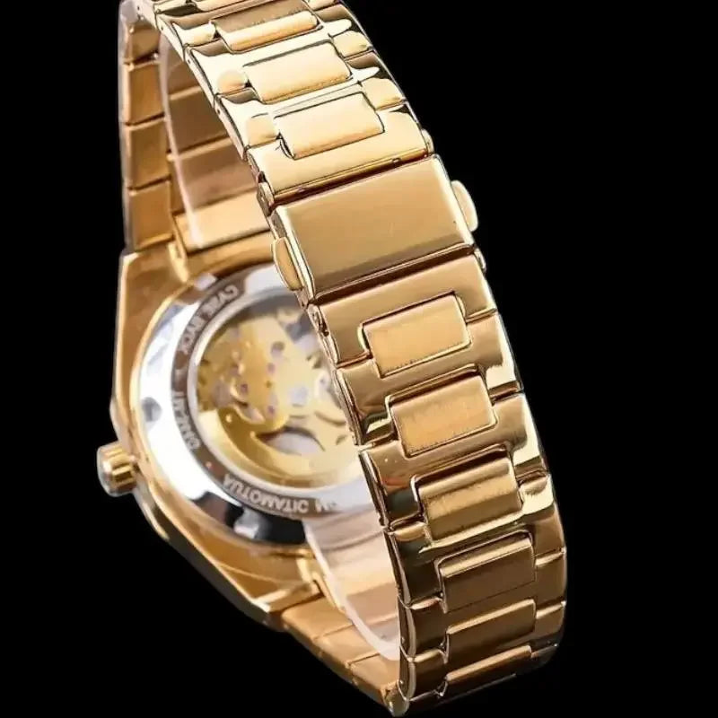 Men’s Gold Skeleton Automatic Watch – Carved Stainless Steel, Mechanical Movement