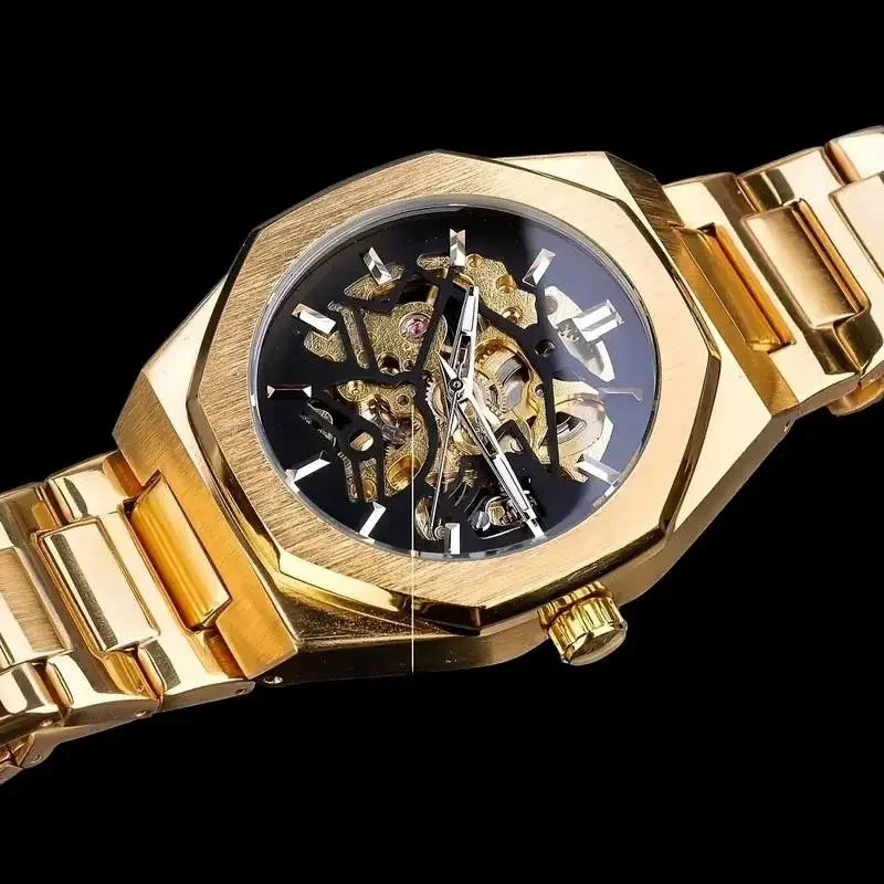 Men’s Gold Skeleton Automatic Watch – Carved Stainless Steel, Mechanical Movement