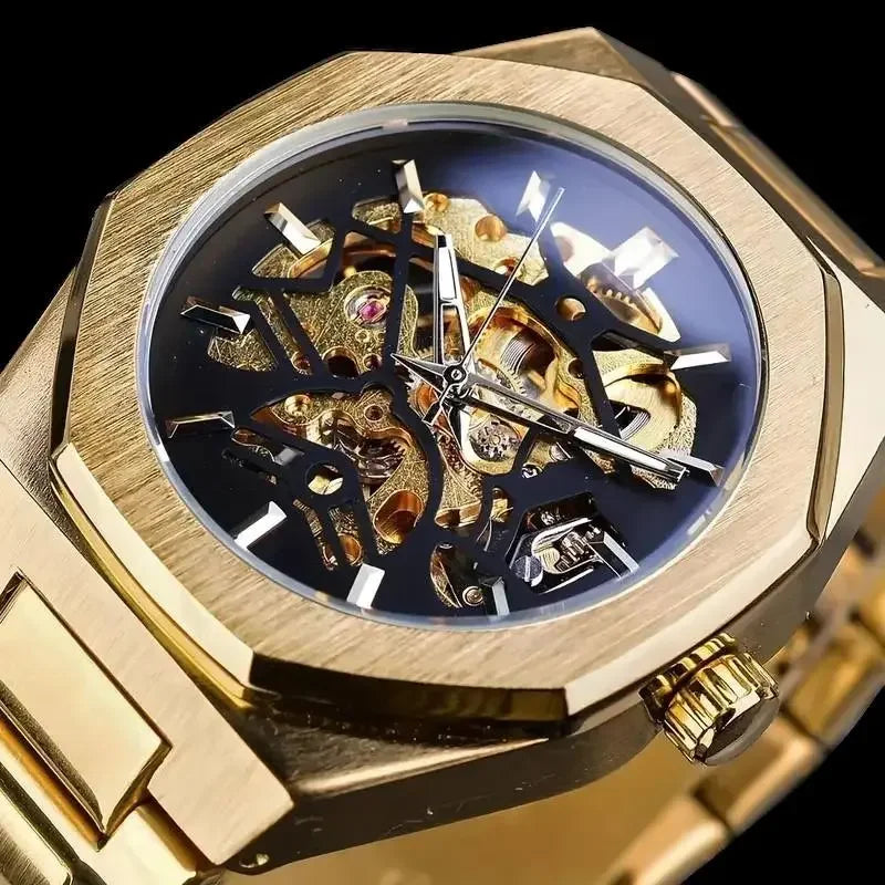 Men’s Gold Skeleton Automatic Watch – Carved Stainless Steel, Mechanical Movement