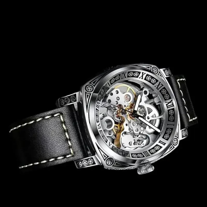 Vintage Skeleton Automatic Watch – Mechanical Men’s Watch with Leather Band & Stainless Steel Case – Antique-Style Silver Watch