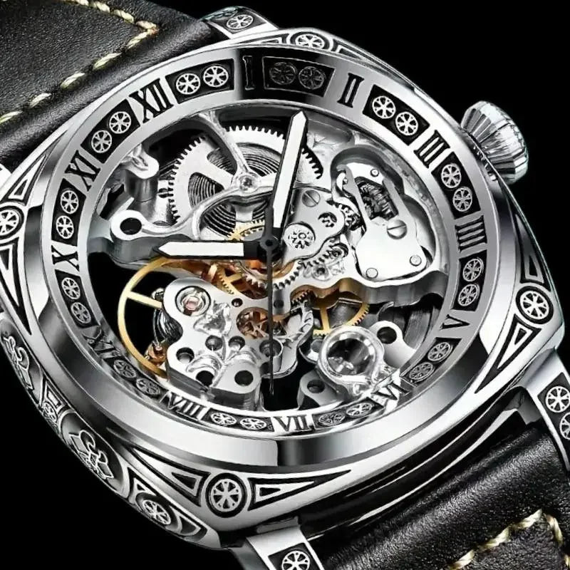 Vintage Skeleton Automatic Watch – Mechanical Men’s Watch with Leather Band & Stainless Steel Case – Antique-Style Silver Watch
