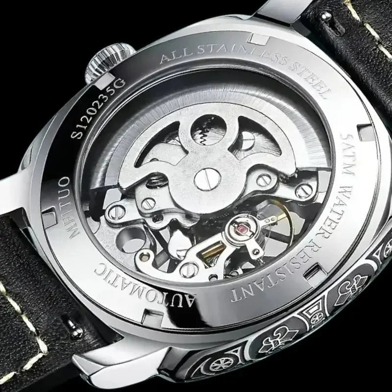 Vintage Skeleton Automatic Watch – Mechanical Men’s Watch with Leather Band & Stainless Steel Case – Antique-Style Silver Watch