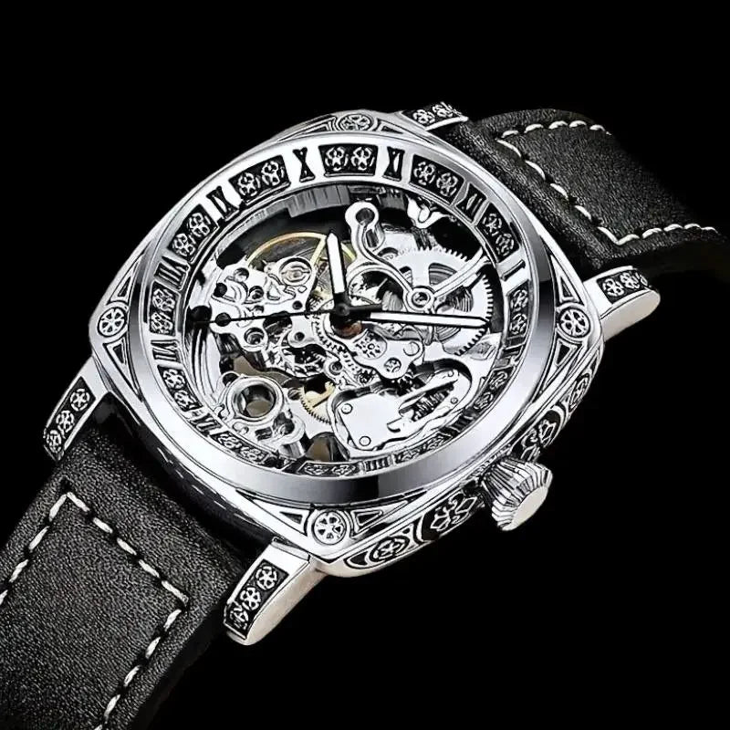Vintage Skeleton Automatic Watch – Mechanical Men’s Watch with Leather Band & Stainless Steel Case – Antique-Style Silver Watch