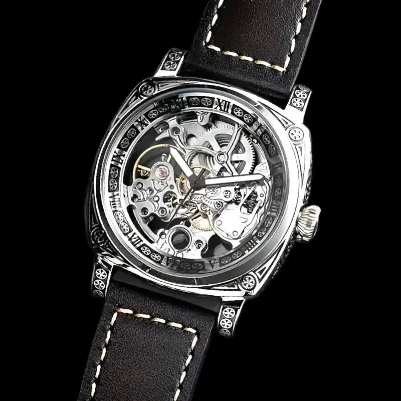 Vintage Skeleton Automatic Watch – Mechanical Men’s Watch with Leather Band & Stainless Steel Case – Antique-Style Silver Watch
