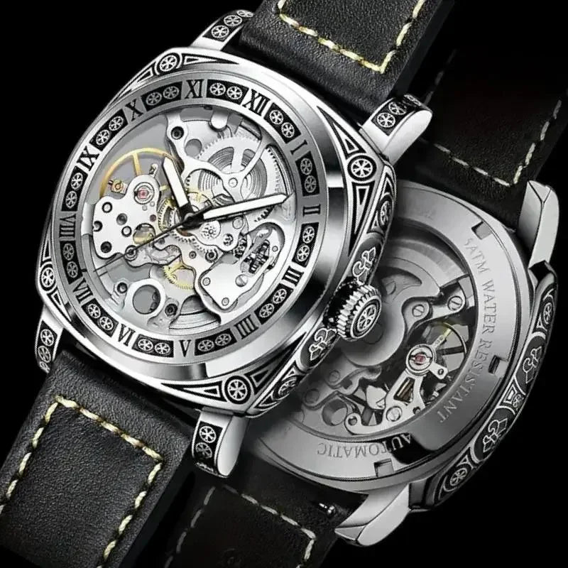 Vintage Skeleton Automatic Watch – Mechanical Men’s Watch with Leather Band & Stainless Steel Case – Antique-Style Silver Watch