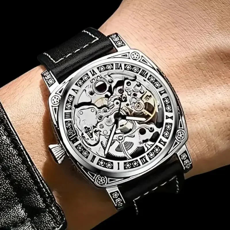 Vintage Skeleton Automatic Watch – Mechanical Men’s Watch with Leather Band & Stainless Steel Case – Antique-Style Silver Watch