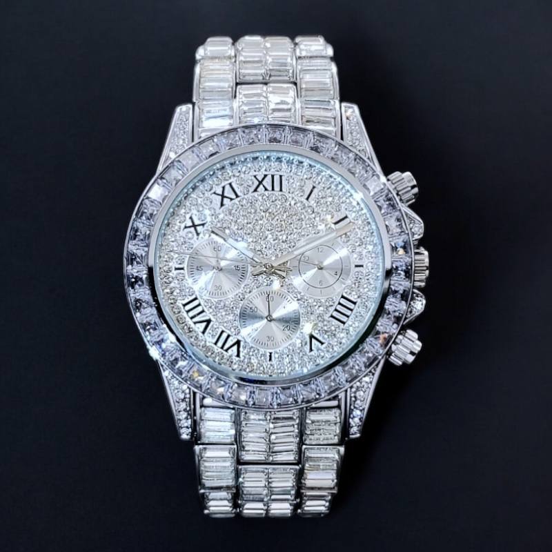 32mm Iced Round Watch – Roman Numeral Dial, Stainless Steel, LuxGlow™ Accent