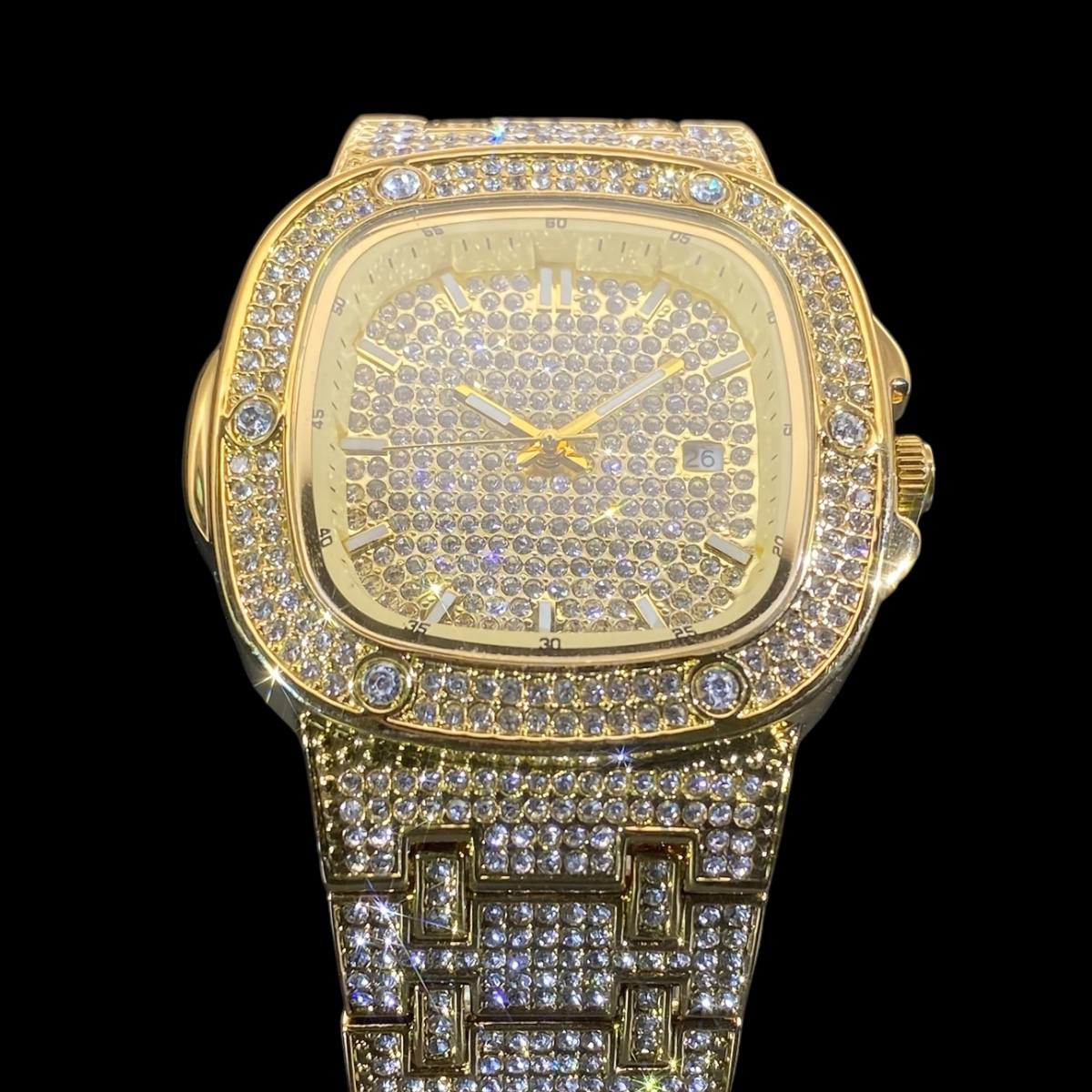 32mm Iced Out Watch for Men – LuxGlow™ Stones Square Dial Hip Hop Bling Wristwatch