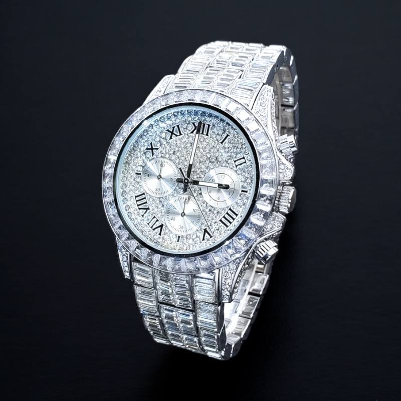32mm Iced Round Watch – Roman Numeral Dial, Stainless Steel, LuxGlow™ Accent