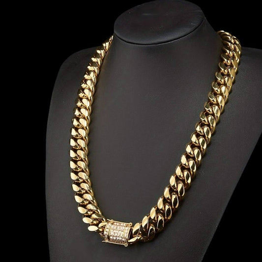 14MM Gold Plated Cuban Link Chain Necklace – Stainless Steel, Men’s Hip-Hop Jewelry