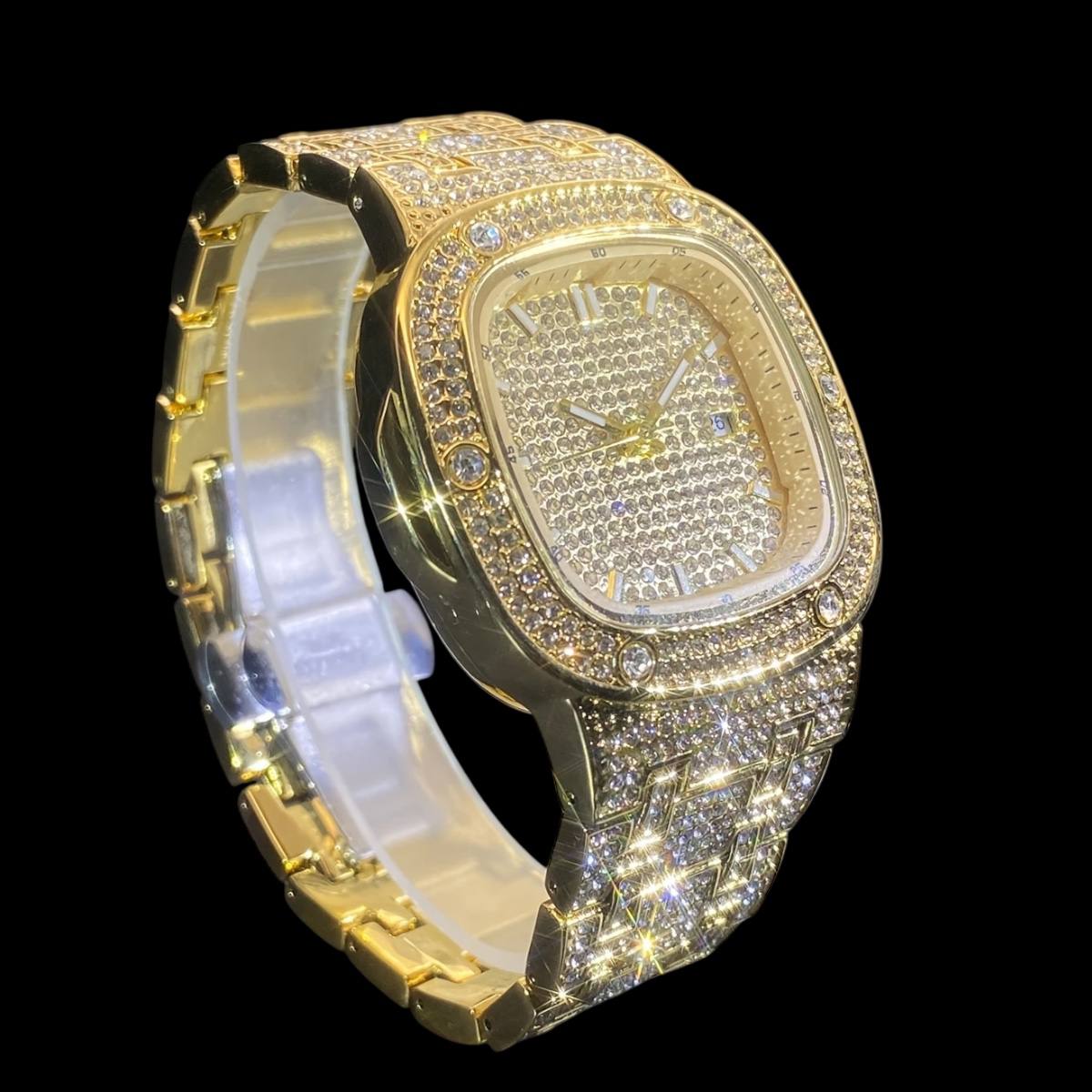 32mm Iced Out Watch for Men – LuxGlow™ Stones Square Dial Hip Hop Bling Wristwatch