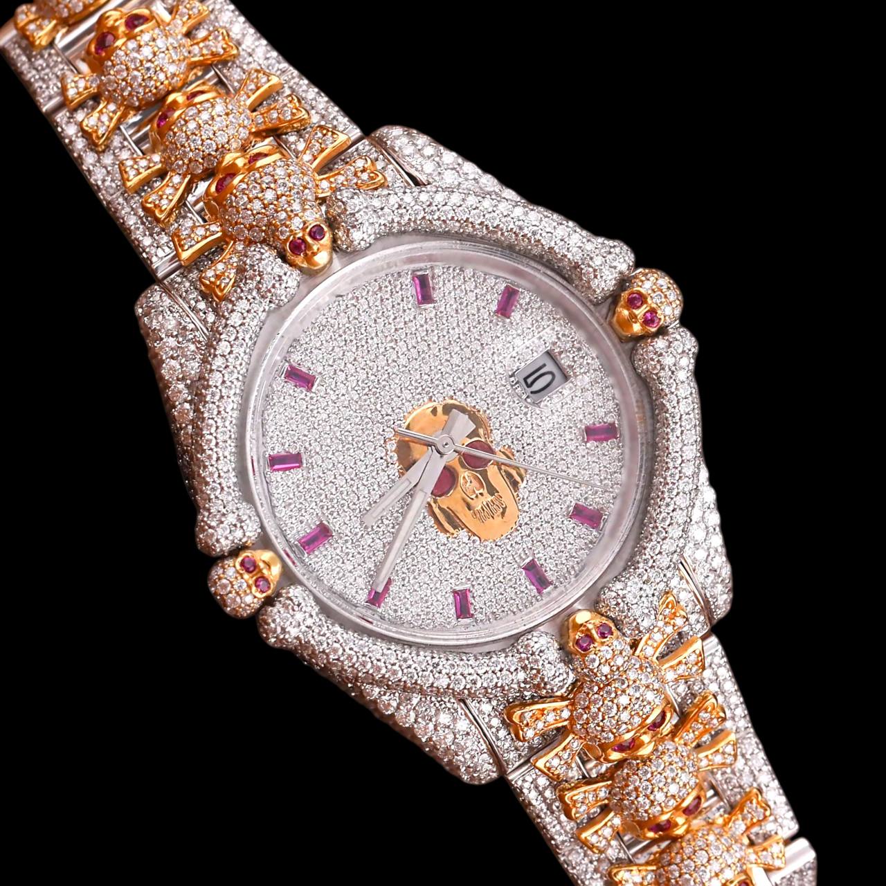 32mm Skull Watch – Round Dial with Gold Skull Accents, Moissanite Passes Tester