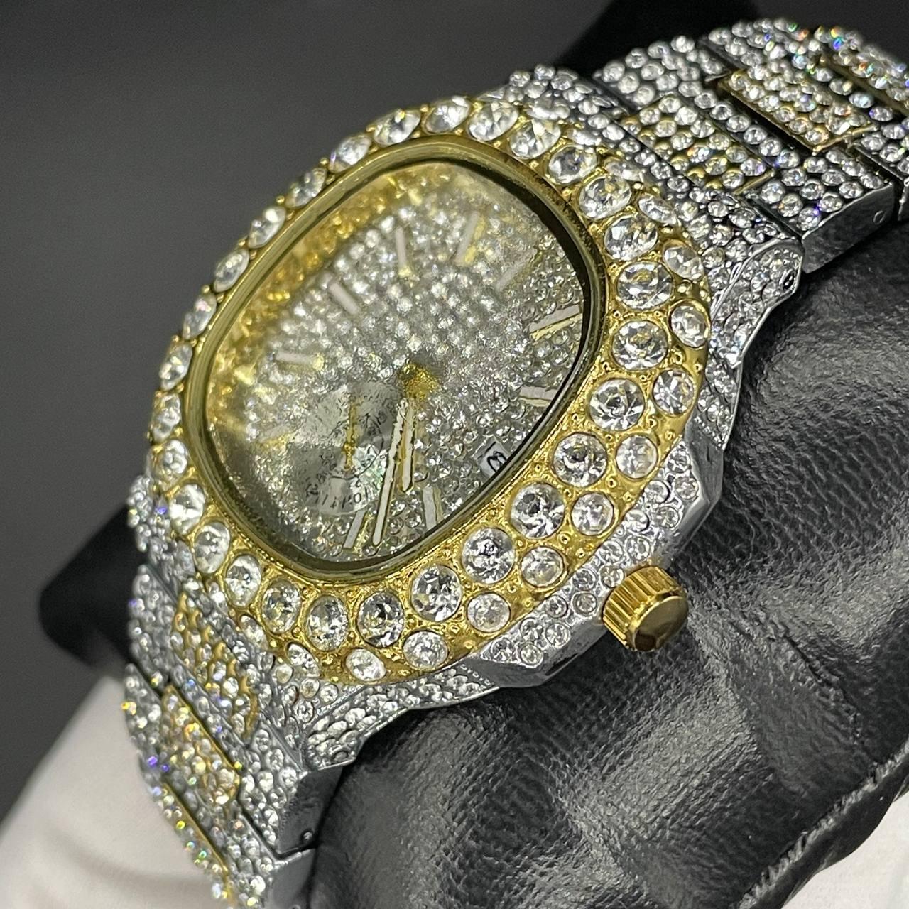 30mm Gold-Silver Iced Out Square Watch for Men – LuxGlow™ Stones Wristwatch