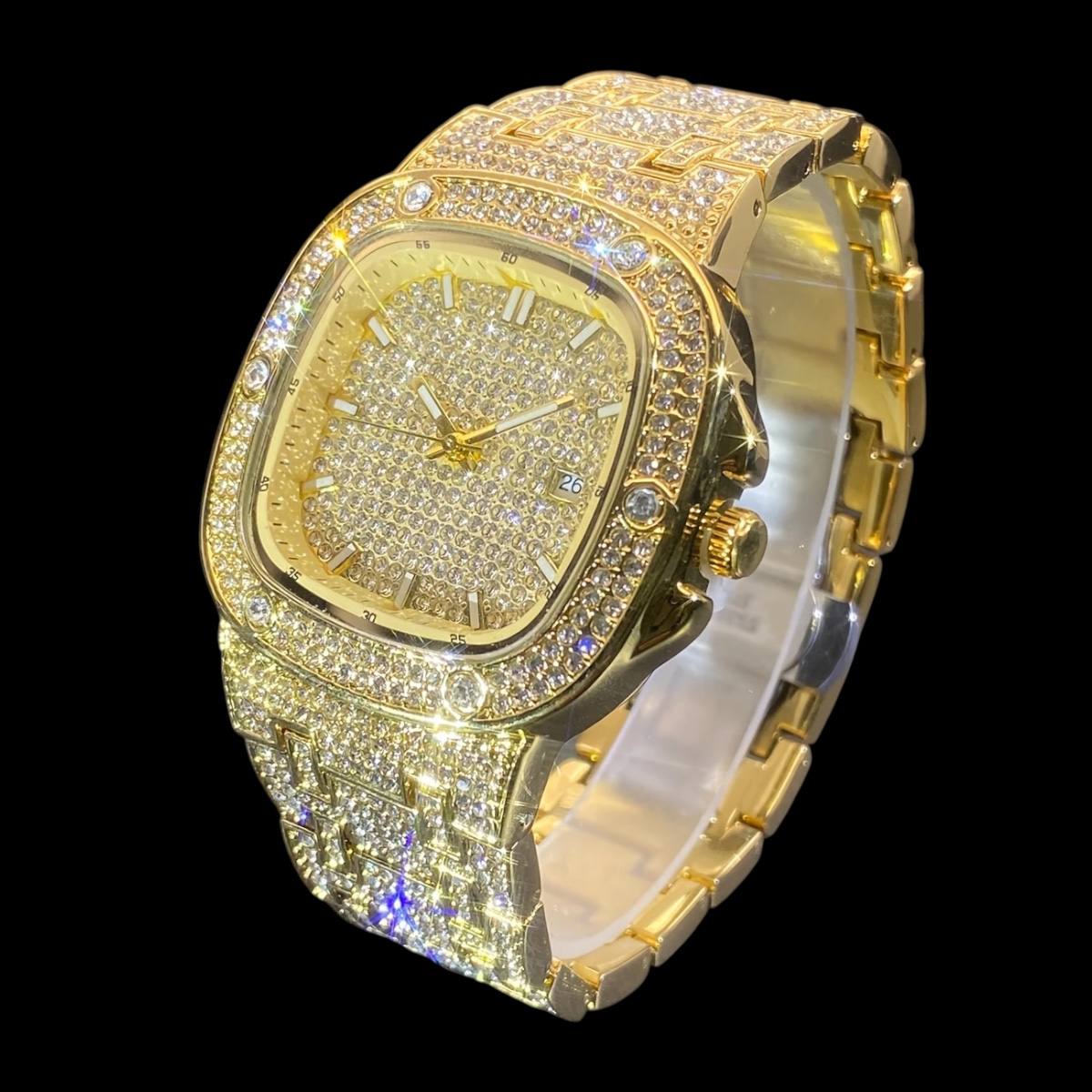 32mm Iced Out Watch for Men – LuxGlow™ Stones Square Dial Hip Hop Bling Wristwatch
