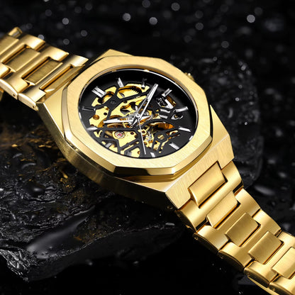 Men’s Gold Skeleton Automatic Watch – Carved Stainless Steel, Mechanical Movement