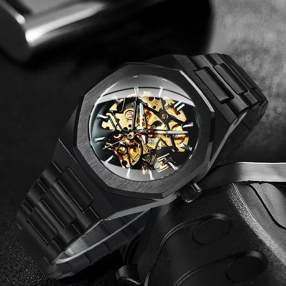 Men’s Gold Skeleton Automatic Watch – Carved Stainless Steel, Mechanical Movement