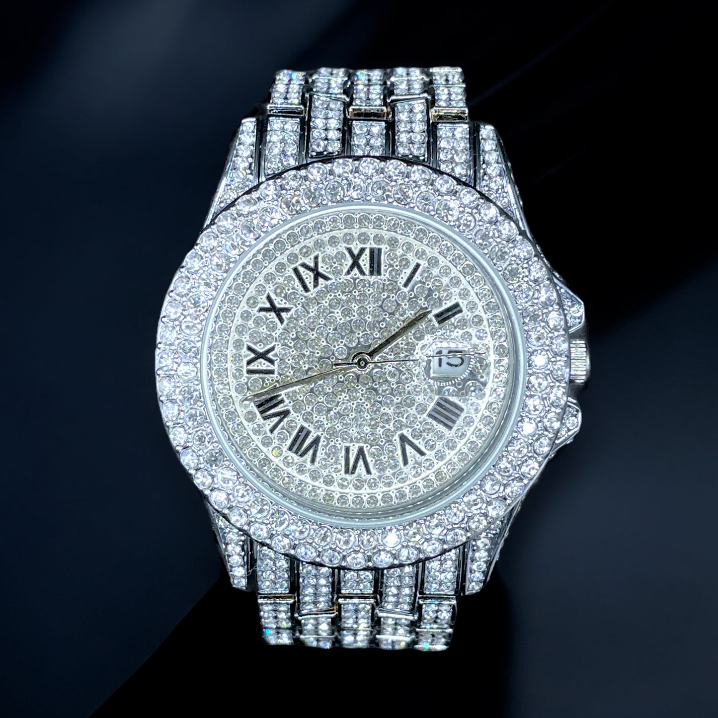 32mm Iced Out Roman Numeral Watch for Men – Stainless Steel LuxGlow™ Crystal Dial