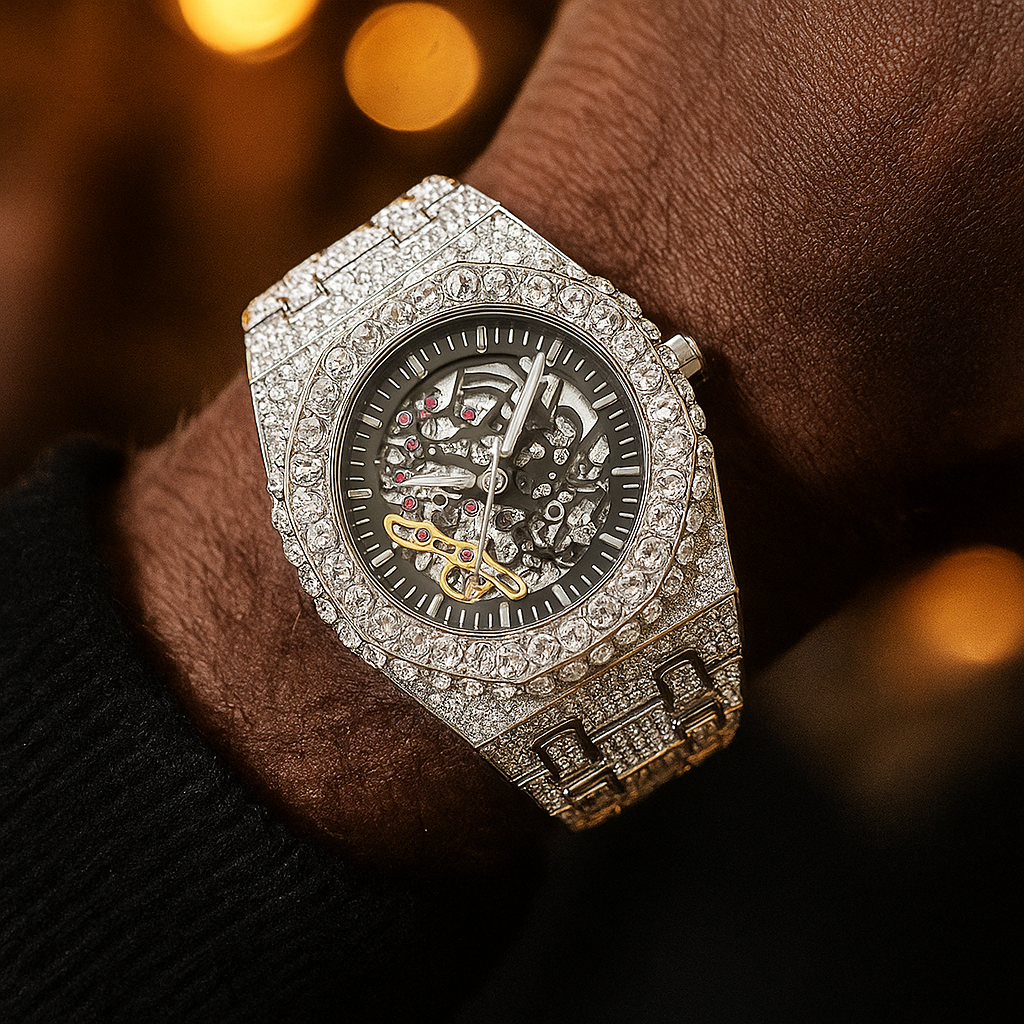 32mm Automatic Iced Watch – Skeleton Hip-Hop Timepiece