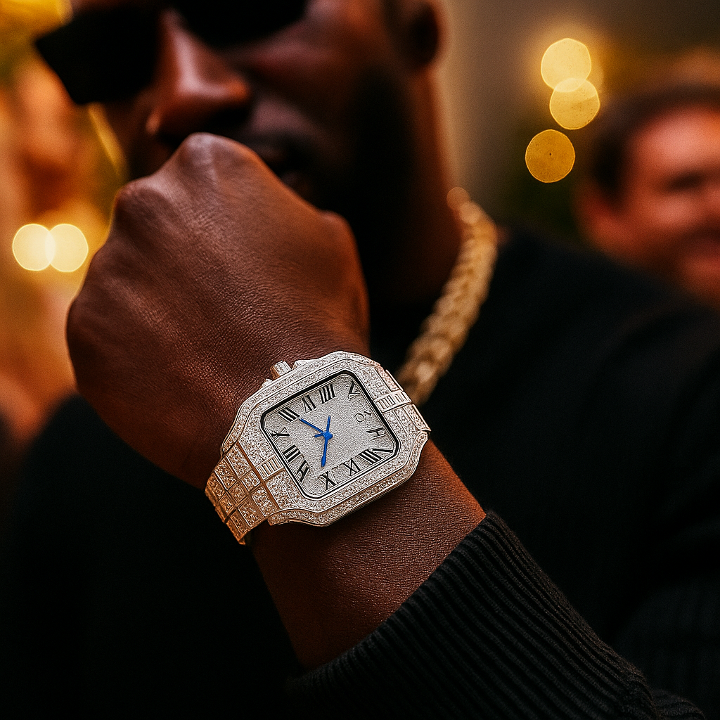 Iced-Out Watch – 35mm Square Wrist Watch for Men + FREE GIFT