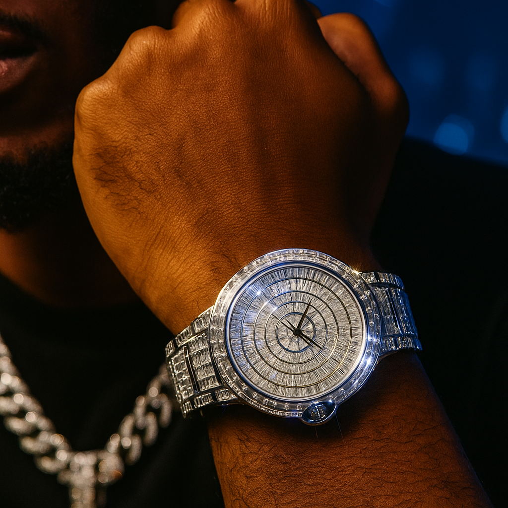32mm Round Dial, Silver Stainless Steel LuxGlow™ Iced Out Men's Watch