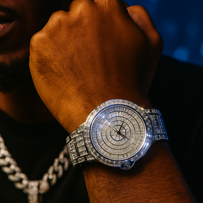 32mm Round Dial, Silver Stainless Steel LuxGlow™ Iced Out Men's Watch