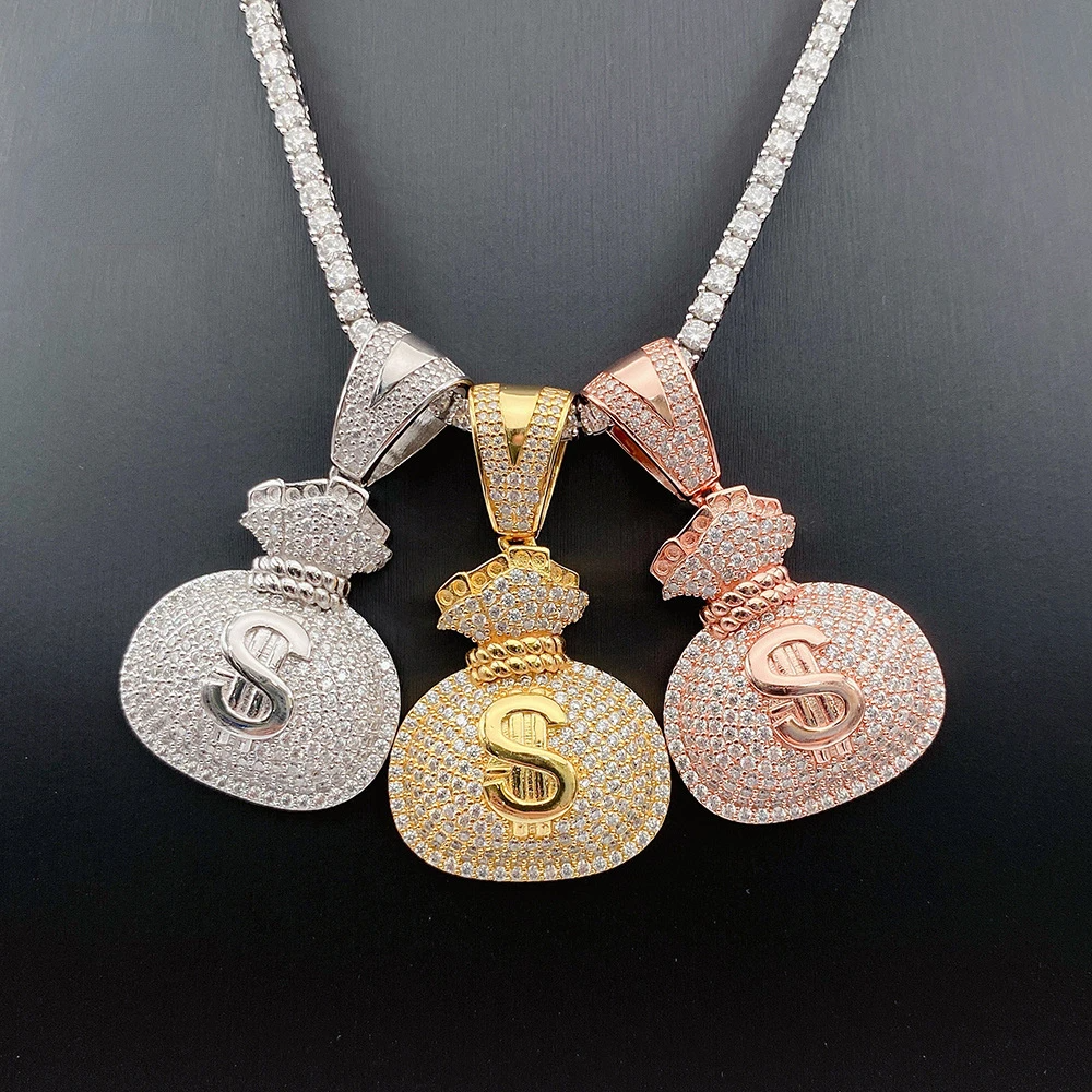 S925 Silver Money Bag Pendant – Moissanite Iced Out Hip-Hop Necklace Charm