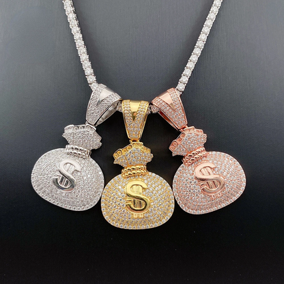 S925 Silver Money Bag Pendant – Moissanite Iced Out Hip-Hop Necklace Charm