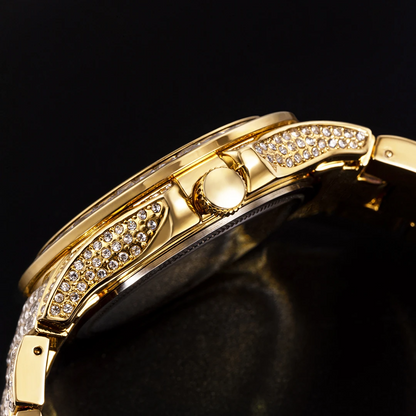 32mm Gold-Tone Stainless Steel Watch – Iced Out Round Dial with LuxGlow™ Stones