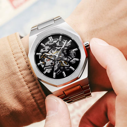 Men’s Gold Skeleton Automatic Watch – Carved Stainless Steel, Mechanical Movement