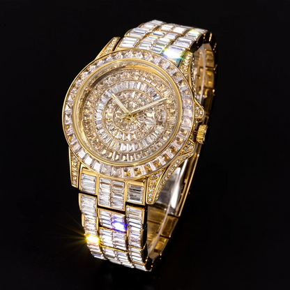32mm Gold-Tone Stainless Steel Watch – Iced Out Round Dial with LuxGlow™ Stones