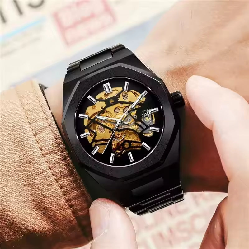 Men’s Gold Skeleton Automatic Watch – Carved Stainless Steel, Mechanical Movement