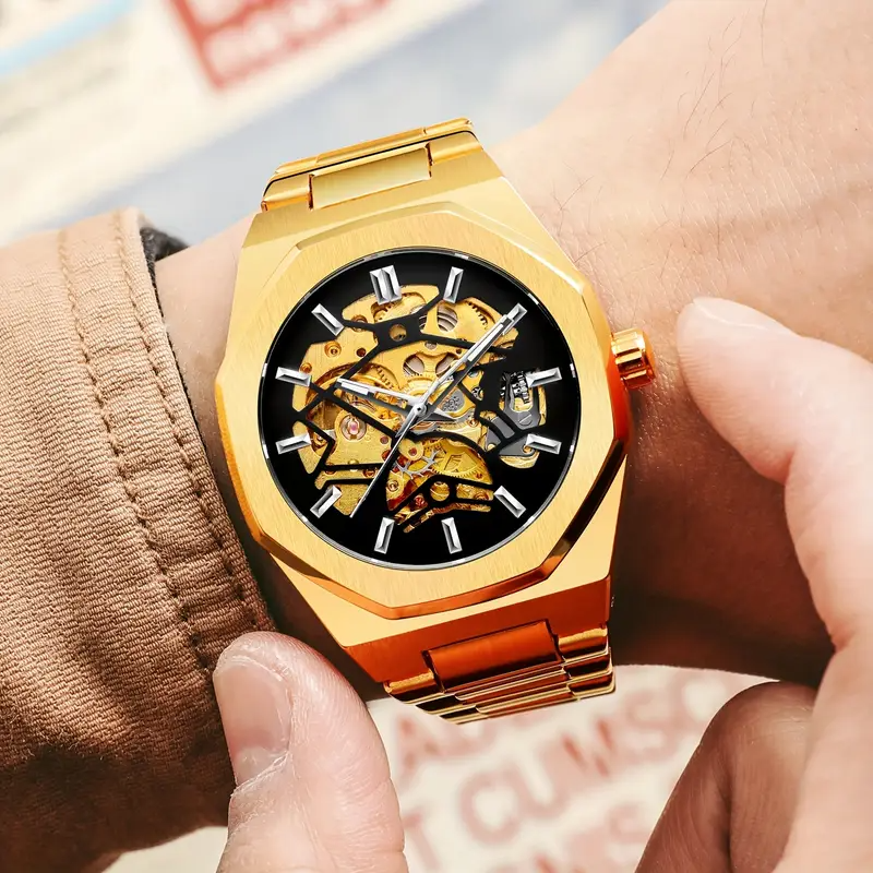 Men’s Gold Skeleton Automatic Watch – Carved Stainless Steel, Mechanical Movement