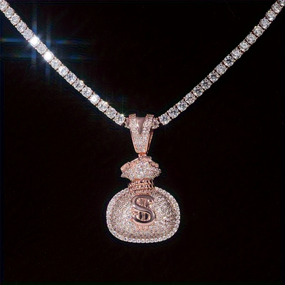 S925 Silver Money Bag Pendant – Moissanite Iced Out Hip-Hop Necklace Charm