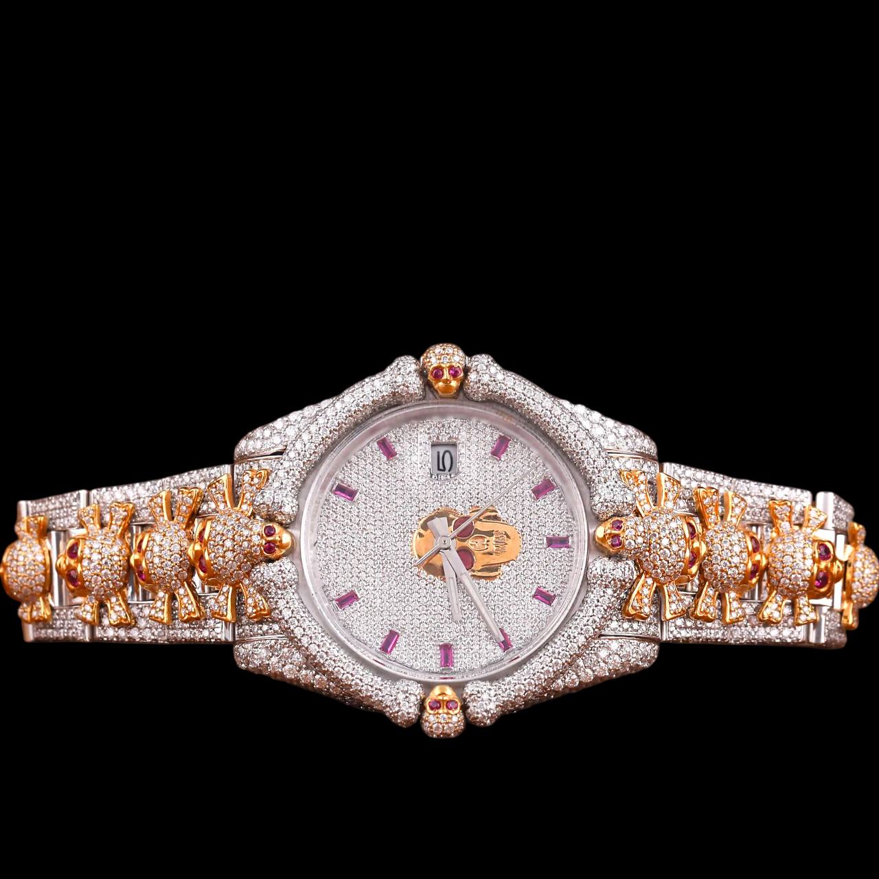 32mm Skull Watch – Round Dial with Gold Skull Accents, Moissanite Passes Tester