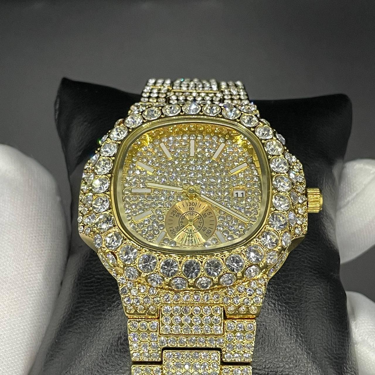 30mm Square Dial Iced Out Men’s Watch –  LuxGlow™ Stones, Golden Stainless Steel