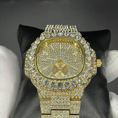 30mm Square Dial Iced Out Men’s Watch –  LuxGlow™ Stones, Golden Stainless Steel