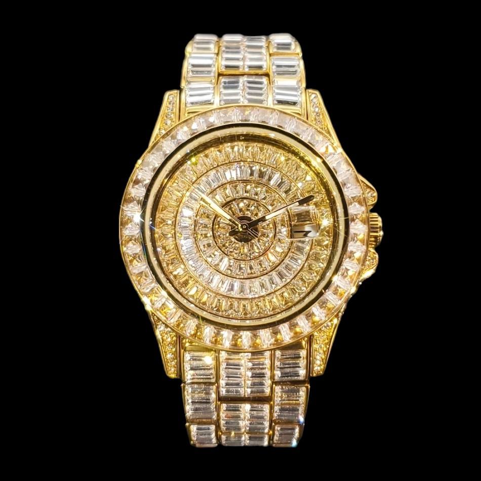 32mm Gold-Tone Stainless Steel Watch – Iced Out Round Dial with LuxGlow™ Stones