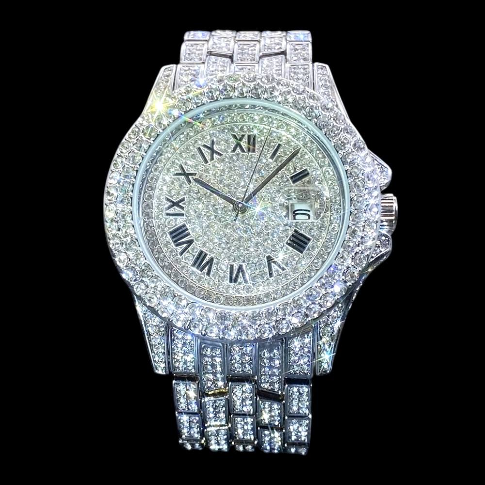 32mm Iced Out Roman Numeral Watch for Men – Stainless Steel LuxGlow™ Crystal Dial