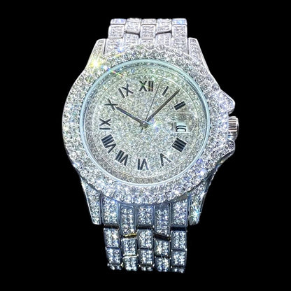 32mm Iced Out Roman Numeral Watch for Men – Stainless Steel LuxGlow™ Crystal Dial