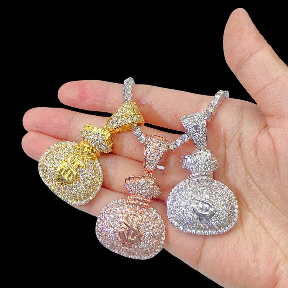 S925 Silver Money Bag Pendant – Moissanite Iced Out Hip-Hop Necklace Charm