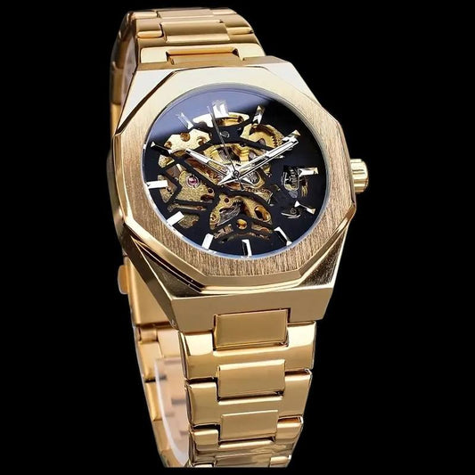Men’s Gold Skeleton Automatic Watch – Carved Stainless Steel, Mechanical Movement, Custom Engraving Available