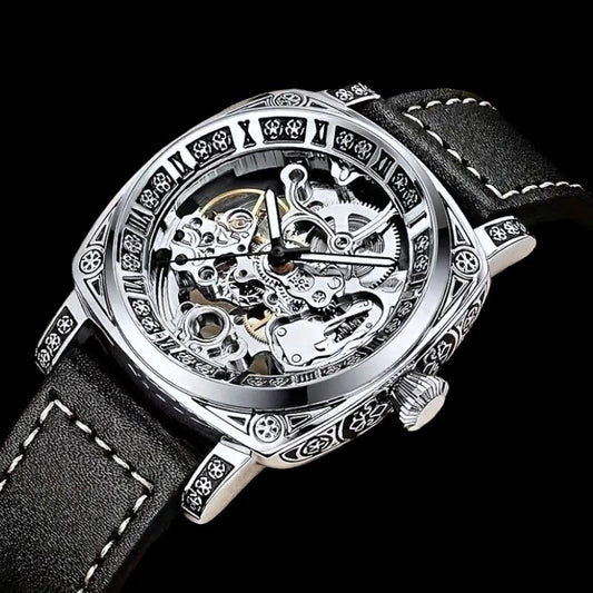 Vintage Skeleton Automatic Watch – Mechanical Men’s Watch with Leather Band & Stainless Steel Case – Antique-Style Silver Watch